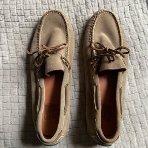 Frye men’s moccasin-style driving loafers, size 8.5. Taupe suede, new w/o box.